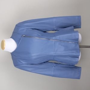 Soft leather peplum moto jacket slate denim blue